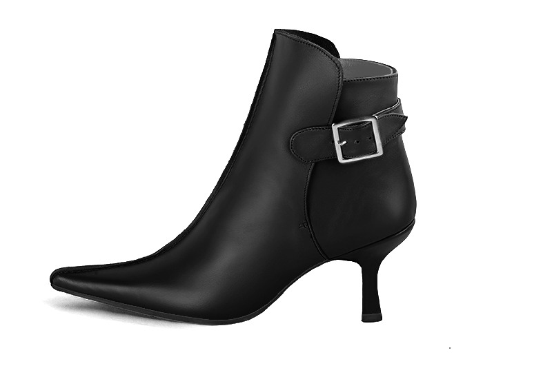 Satin black women's ankle boots with buckles at the back. Pointed toe. High spool heels. Profile view - Florence KOOIJMAN